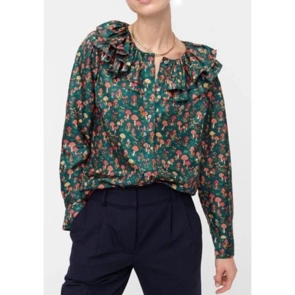 J.Crew Collection Women's Shirt Size XXS Green Mushroom Silk Long Sleeve Blouse - Picture 2 of 12